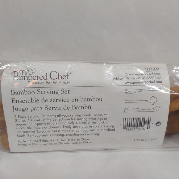 Pampered Chef Bamboo Serving Set 3 Piece Ladle, Fork, Spreader NEW - Picture 3 of 4